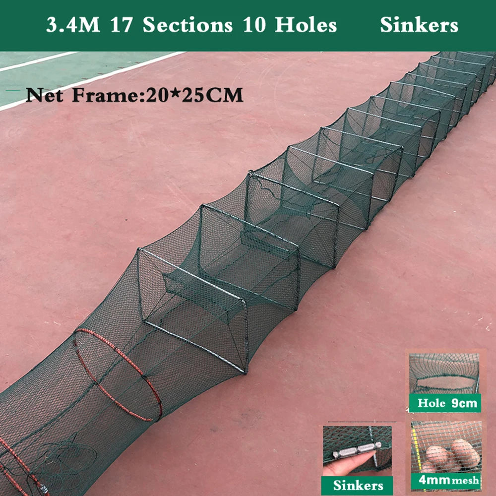 7-19 Sections 12 Holes Top Quality Professional Portable Folded Long Fishing Net 1.5M-5.5M, Crab Fish Net, Hand Casting Cage Crab Net, Mesh Trap Catcher Live Fish for Lobster