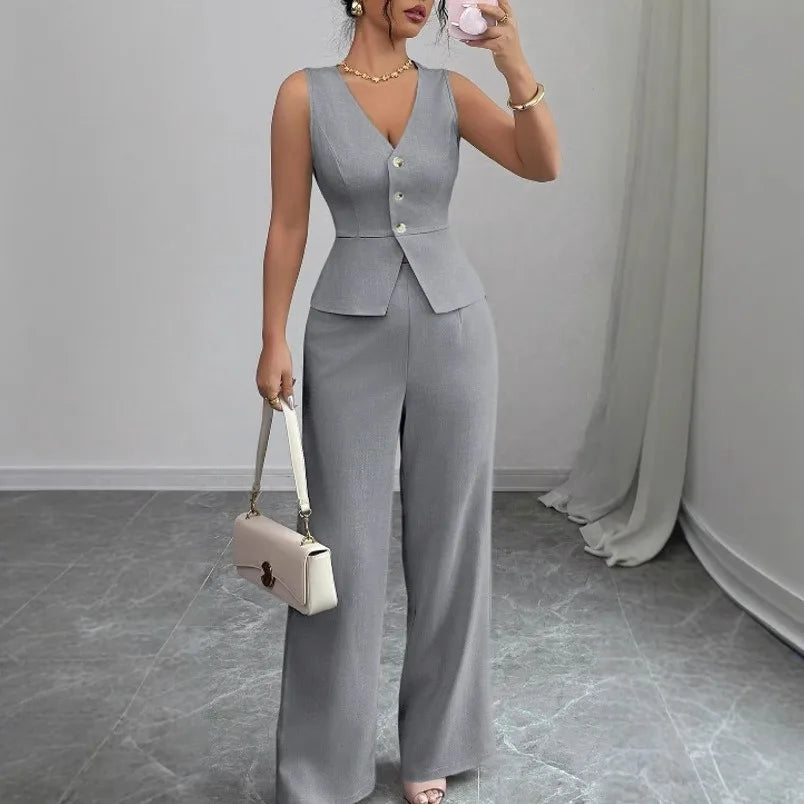 2 PCS Luxury Set 8 Colors S-3XL Summer European American Women's Collarless Spliced Casual Solid Color Sleeveless Skinny Top Quality Vest High-Waisted Long Pants Set Women Clothing Supplies.