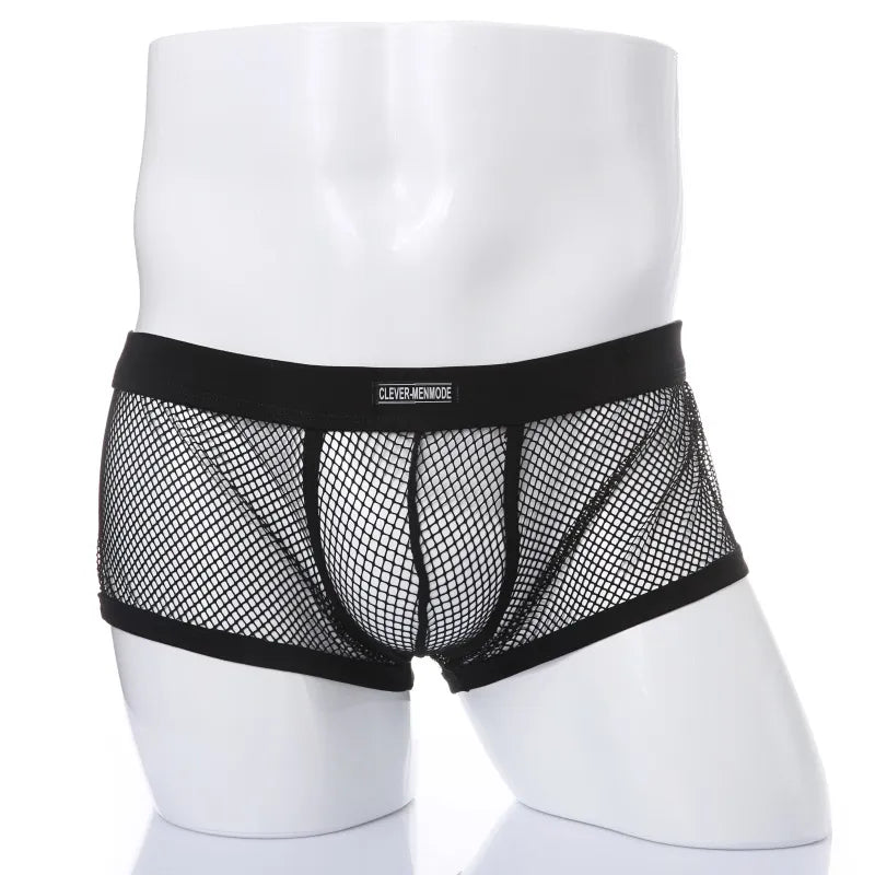 CLEVER-MENMODE Sexy Mesh Boxer Men Underwear See Through Transparent Low Waist Nightwear Boxer Shorts Boxershorts Underpants