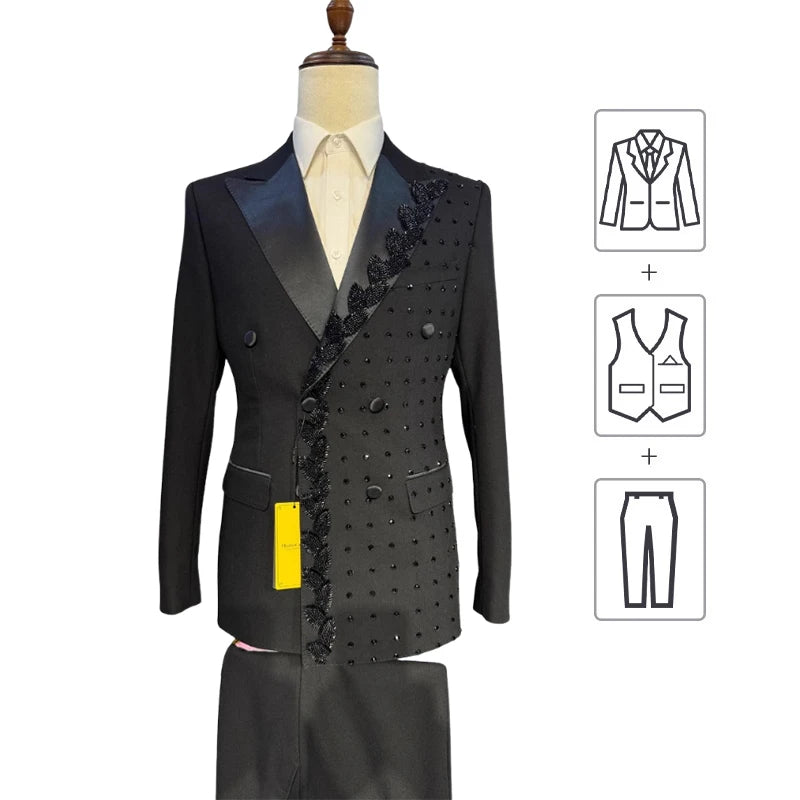 Boutique Gala HOT SALE 2 PCS Set Custom Made Men Slim Fit Double Breasted American Style Luxury Black Tuxedo with Crystal Beading for Wedding Guest Night Dinner Prom Evening Business Party Male Formal Apparel Supplies