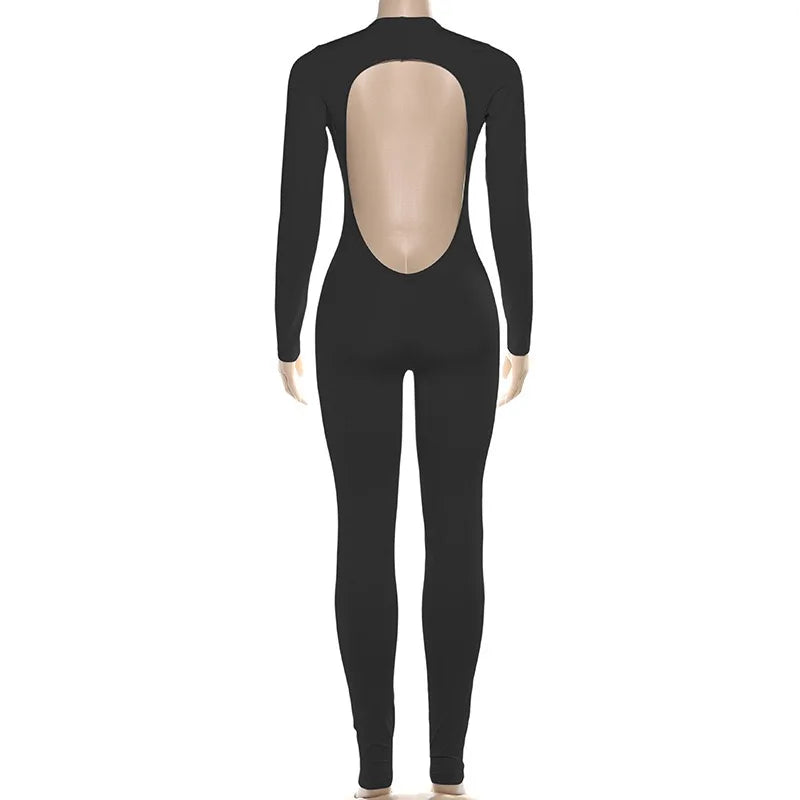 New Spring/Fall Sexy Solid Color Stretch Backless Deep V-Neck Slim Long Sleeve One Pieces Jumpsuit Bodysuit Evening Party Night Clubwear Sexy Jumpsuit Women Sexy Apparel Accessories Clothing Supplies