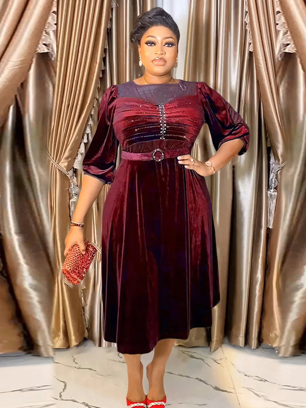 4 Colors L-3XL Plus Size African Ladies Luxury Velvet Wedding Guest Evening Prom Party Dresses New Dubai Evening Gown Dashiki Ankara Turkey Velvet Outfits Formal Gown African Women Luxury Apparel Supplies
