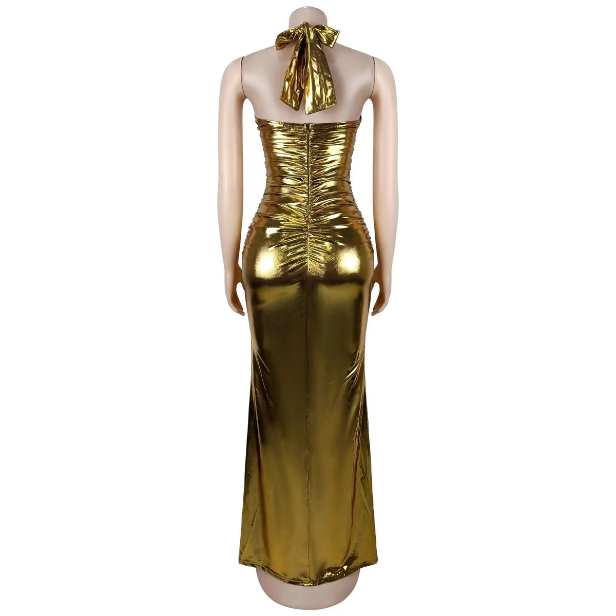 Back/Golden Color S-2XL Women Sexy Hot Lace Up Backless Halter Dress Bodycon Waist Cutout High Slit Floor Length Bronzing Solid Color Ladies Evening Party Maxi Gowns