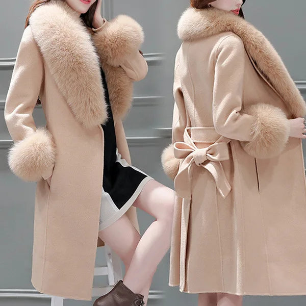 Woolen Coat Mid-length Korean Style New Winter Slim-fit Lace-up Large Woolen Collar Woolen Coat Detachable Woolen Collar
