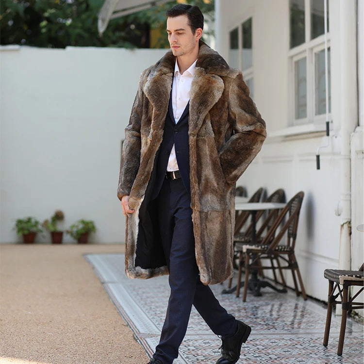 BEST PRICE Gray/Brown Color S-XL  Men's Real Natural Mink Fur Long Coat With Lapel Men's Rabbit Fur Coat Christmas Gift for Husband Lover Boyfriend Gentleman Winter Luxury Apparel Supplies