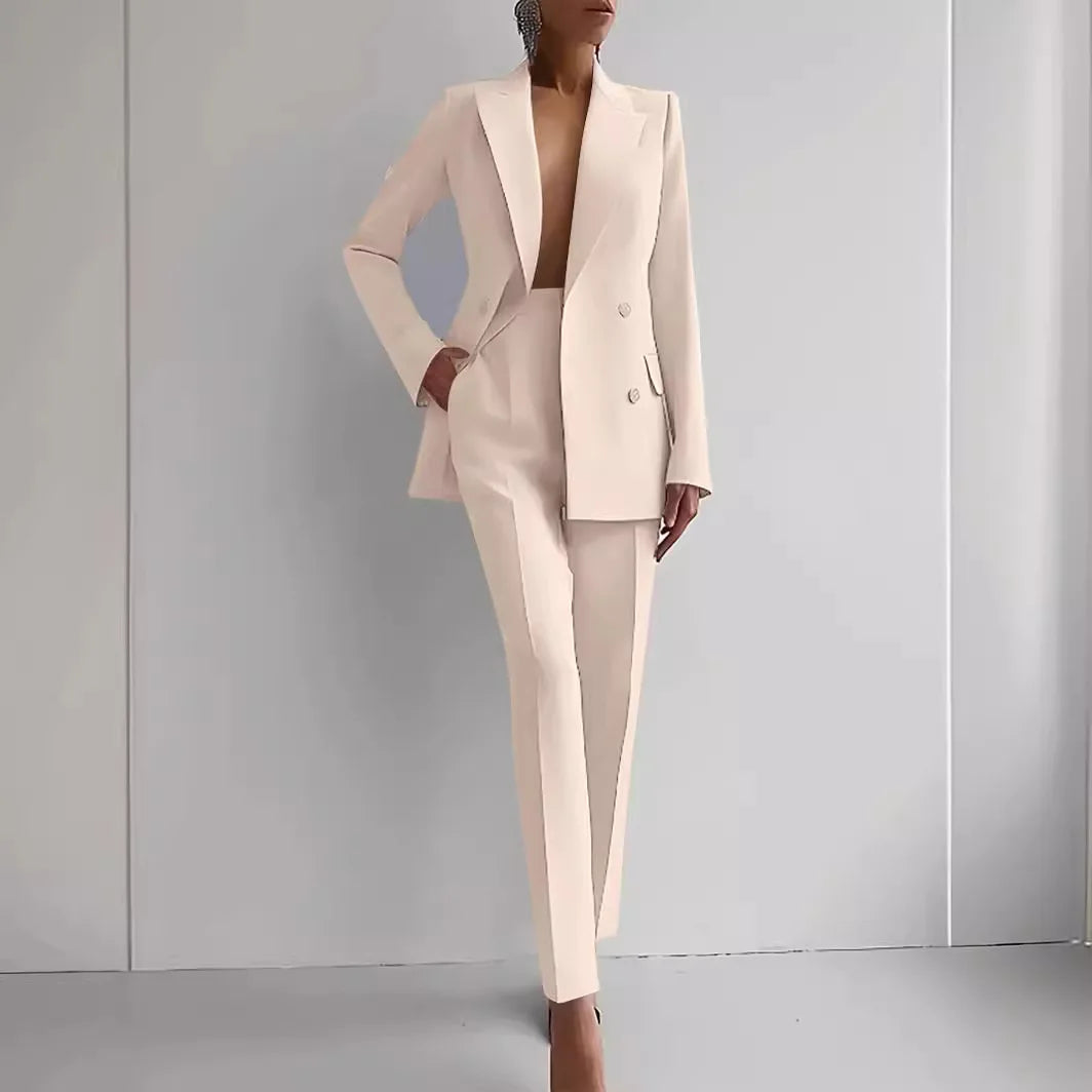 Boutique HOT SALE 2 PCS Set 5 Colors S-2XL Elegant Slim Office Lady Business Night Dinner Evening Party Luxury Blazer Set Women's V-Neck Solid Patchwork Button Long Sleeve Suit