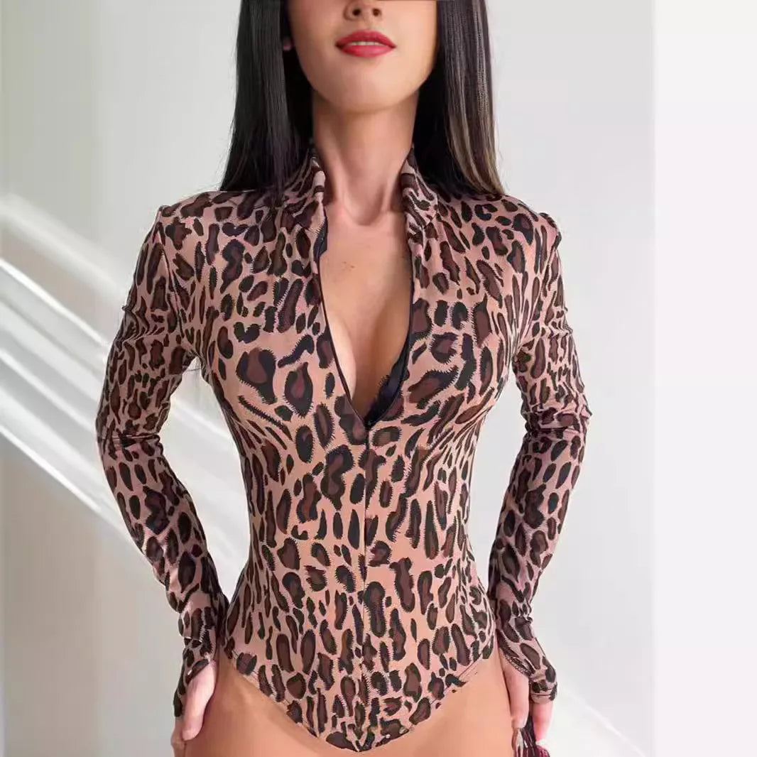 NEW Arrivals Women's Sexy Clothing Autumn Spring Stand Collar Long Sleeve Waist-Tight Leopard Jumpsuit Women's Sports Fitness Casual Women's Top Casual Streetwear Clothing Accessories