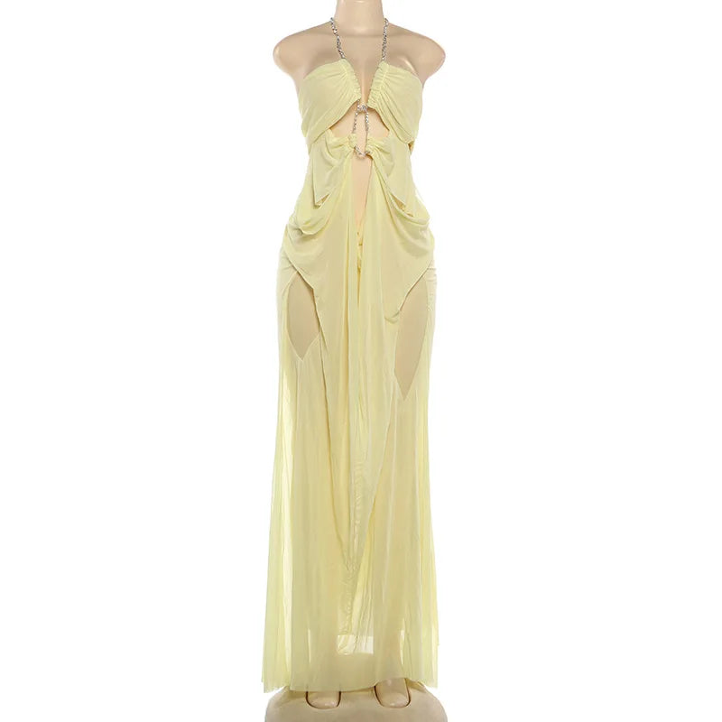 4 Colors New Fashion Summer Women Sexy See Through Clothing Vendor Sleeveless Halter Backless Sexy Maxi Dress Evening Beach Party Mesh See Night Clubwear Prom Maxi Gowns