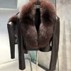 Genuine Sheepskin Real Leather Fox Real Fur Jacket Pure White/Black/Dark Brown/Pink Color Long Sleeve Premium Women Leather Jacket with Natural Fox Fur Collar Autumn Winter Girls Clothes