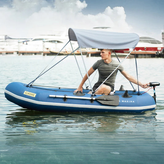 4 Persons Aqua Marina 300cm Inflatable Dinghy Raft Classic Air Deck Reinforced PVC Sport Boat Wooden Seats Oar Set Sunshade Canopy Drifting Boat All Seasons Water Sport Supplies