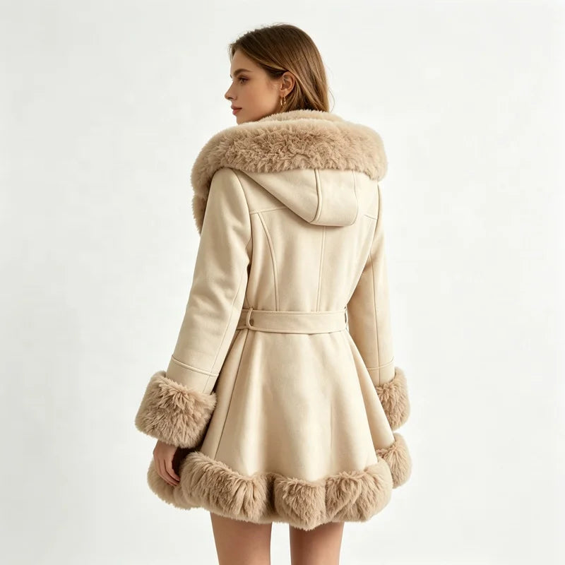 5 Colors UK (6-20) Large Size  Women's Streetwear Thick Plain Dyed Woven Single Breasted Faux Fur Trim Hooded Belted Winter Trench Coat Winter Warm Autumn Apparel Clothing Supplies