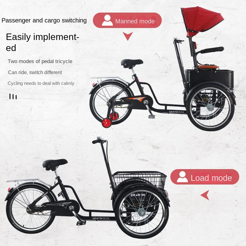 Parents-Child Tricycle Bicycle  JMC-0829 Elderly Walking Tricycle Single Speed Full Shockproof Steel Frame 20" 150kg Load Capacity On-Road