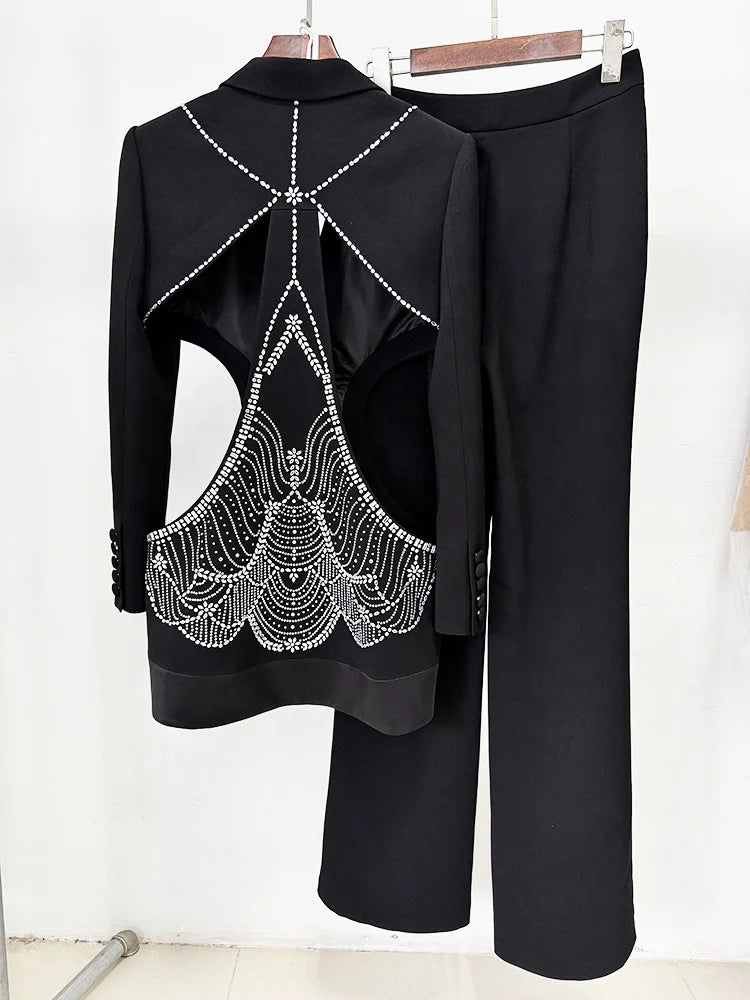Boutique HOT SALE NEW Arrivals 2 PCS Set S-2XL High Street Fashion Elegant Cutout Rhinestones Diamonds Luxury Black Blazer Jacket Pants  Women Suit Set Ladies Luxury Apparel Supplies