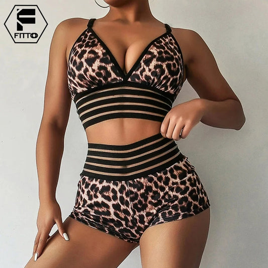 Sexy Beachwear Leopard Bralette Crop Top Shorts 2 Piece Set Women Backless Sports Bra Elastic Waistband Scrunch Shorts Yoga Suit