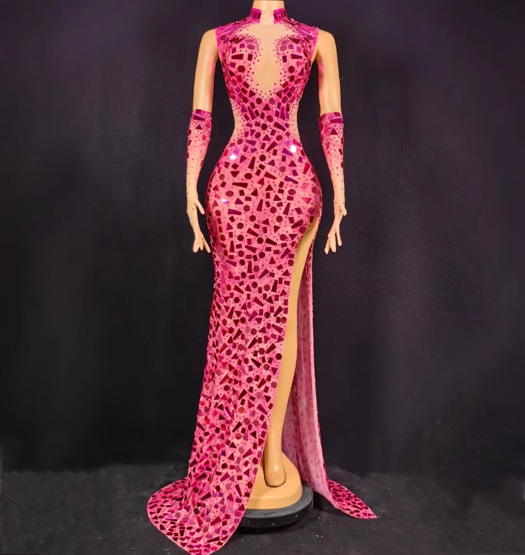 Boutique HOT SALE  Elegant Pink Crystal Sequin Wedding Guest Red Carpet Celebrities  Formal Party Dress High Slit Long Banquet Floor-Length Dress Women Night Clubwear Prom Evening Mermaid Maxi Dress Ladies Luxury Apparel Supp