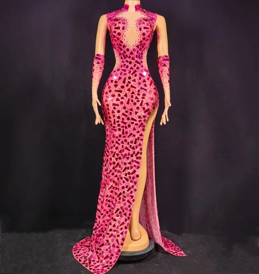 Boutique HOT SALE  Elegant Pink Crystal Sequin Wedding Guest Red Carpet Celebrities  Formal Party Dress High Slit Long Banquet Floor-Length Dress Women Night Clubwear Prom Evening Mermaid Maxi Dress Ladies Luxury Apparel Supp