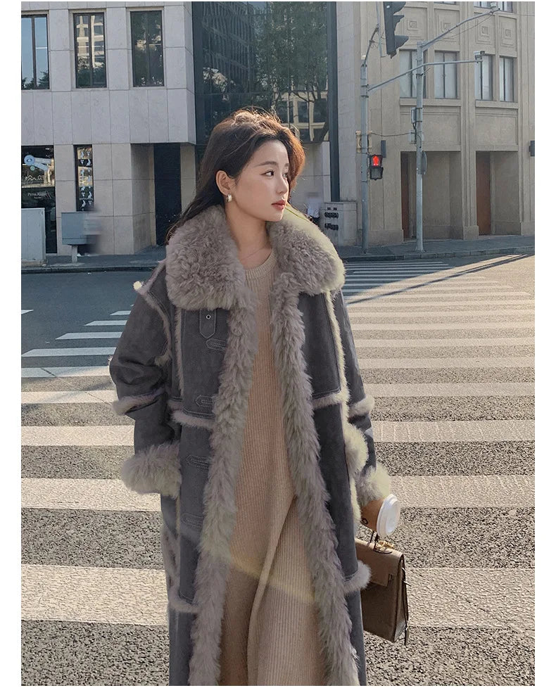 HOT SALE Dark Gray/Purple Color Winter New Women's Top Quality Windbreaker Long Coat  Faux Fur Lined Lamb Wool Puffer Jacket Outerwear Coat Women Winter Clothing Supplies