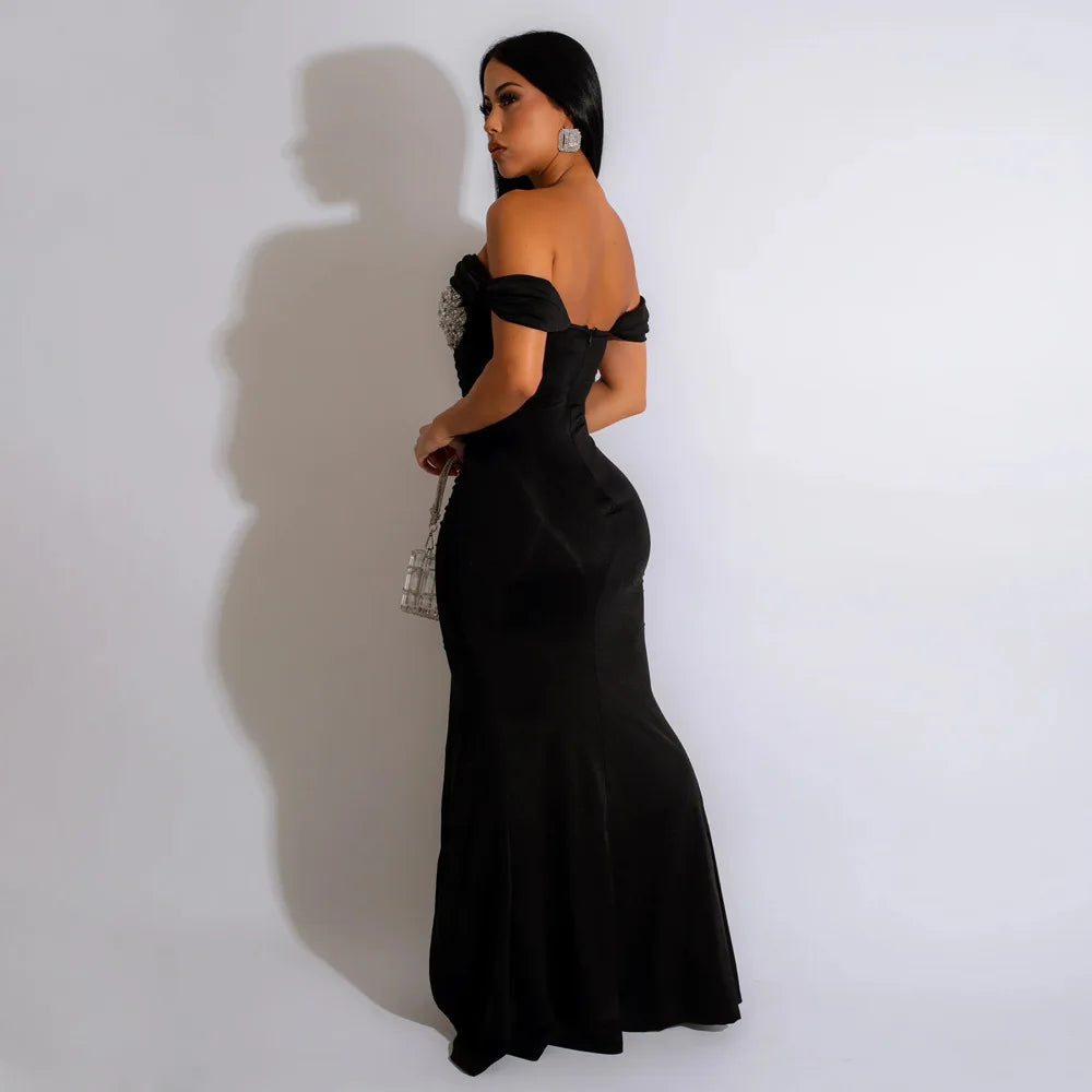 New S-2XL New Products  Elegant Sexy Women Clothing Off Shoulder Sequin Party Prom Irregular Evening Slit Maxi Dress