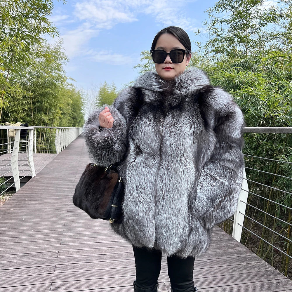 BEST PRICE S-2XL Ladies Luxury Top Quality Women's Winter Warm Real Silver Fox Mink Fur Jacket Long Coat Bigger Hood Cotton Filling Poncho Outerwear Jackets Wedding Guest Celebrities Evening Party Ladies Luxury Apparel Suppli