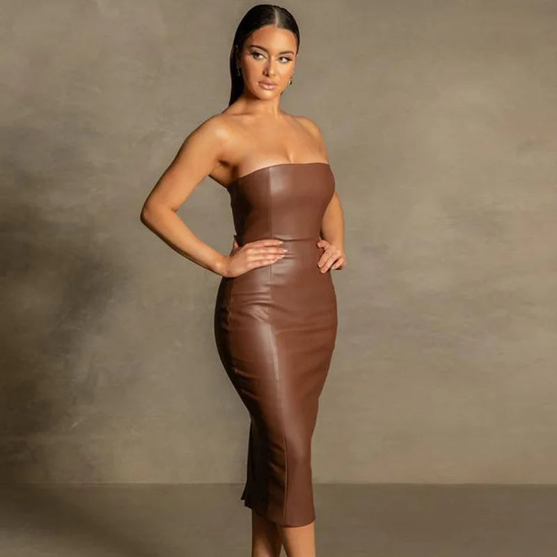 4 Colors New  Fashion Women's Elegant Strapless Zipper Sexy PU Leather Formal Midi Dresses for Ladies Evening Cocktail Party Night Clubwear Leather Gowns Women Sexy Apparel Supplies