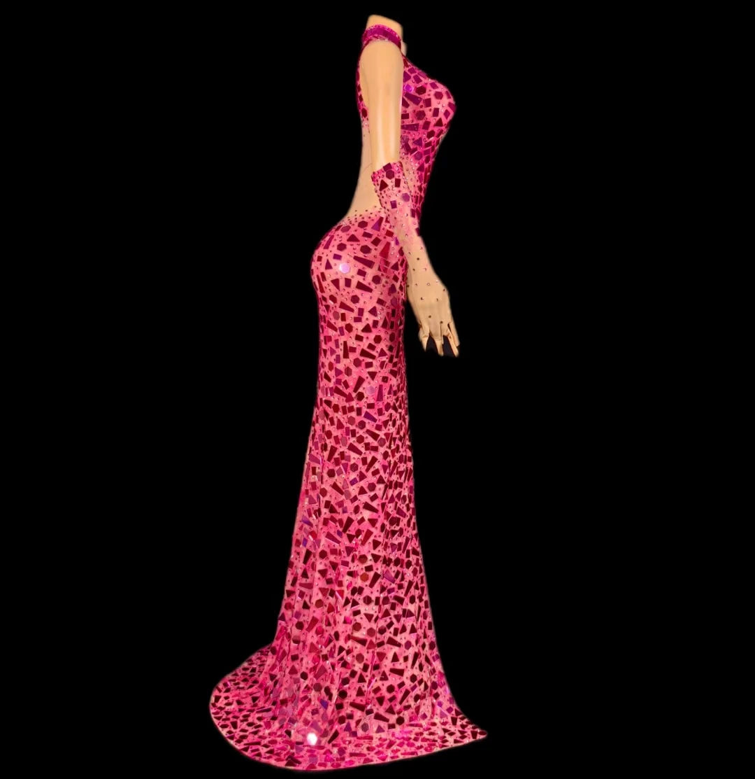 Boutique HOT SALE  Elegant Pink Crystal Sequin Wedding Guest Red Carpet Celebrities  Formal Party Dress High Slit Long Banquet Floor-Length Dress Women Night Clubwear Prom Evening Mermaid Maxi Dress Ladies Luxury Apparel Supp