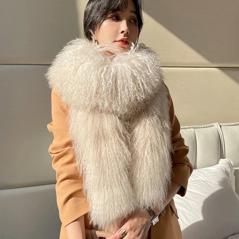 175cm Long 4 Colors Top Quality Mongolian and Tibet 100% Natural Sheep Fur 175cm Big Shaggy Scarf Double-Sided Long Thickened Winter Whole Skin Real  Fur Collar Evening Business Party Prom Ladies Luxury Apparel Accessories.