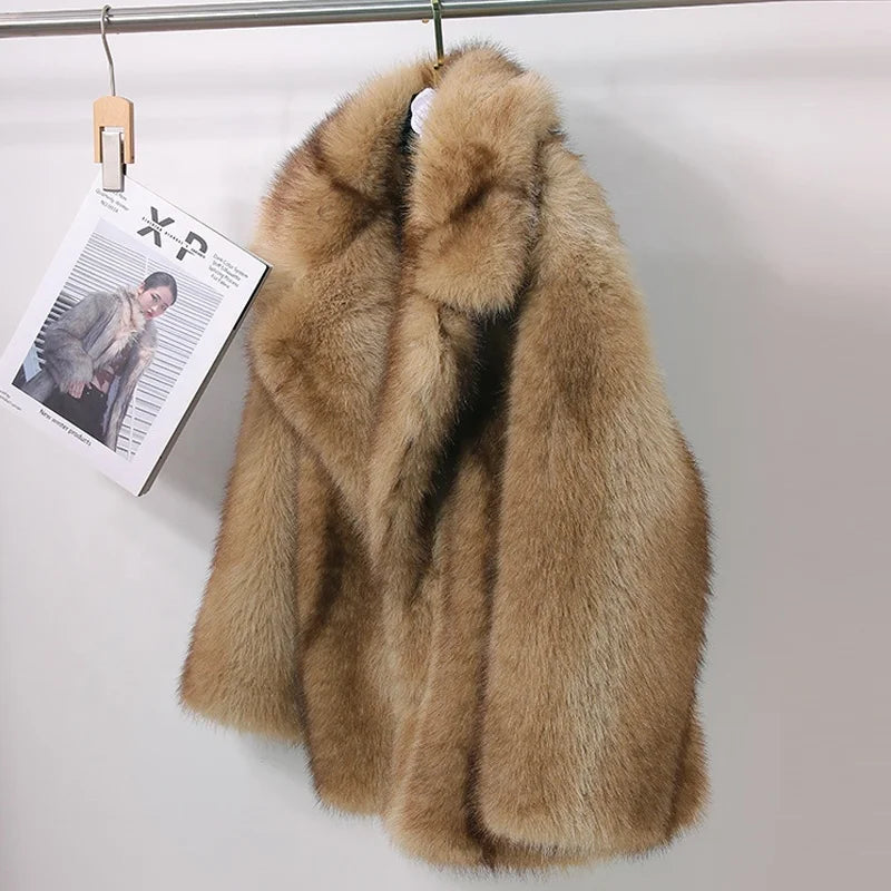 Coffee Brown/Khaki Color Luxury Gradient Brown Artificial Fox Fur Coat for Women Turn-Down Collar Regular Length Winter Warm Eco-Friendly Windproof Outerwear Mid Jackets Ladies Winter Clothing Supplies