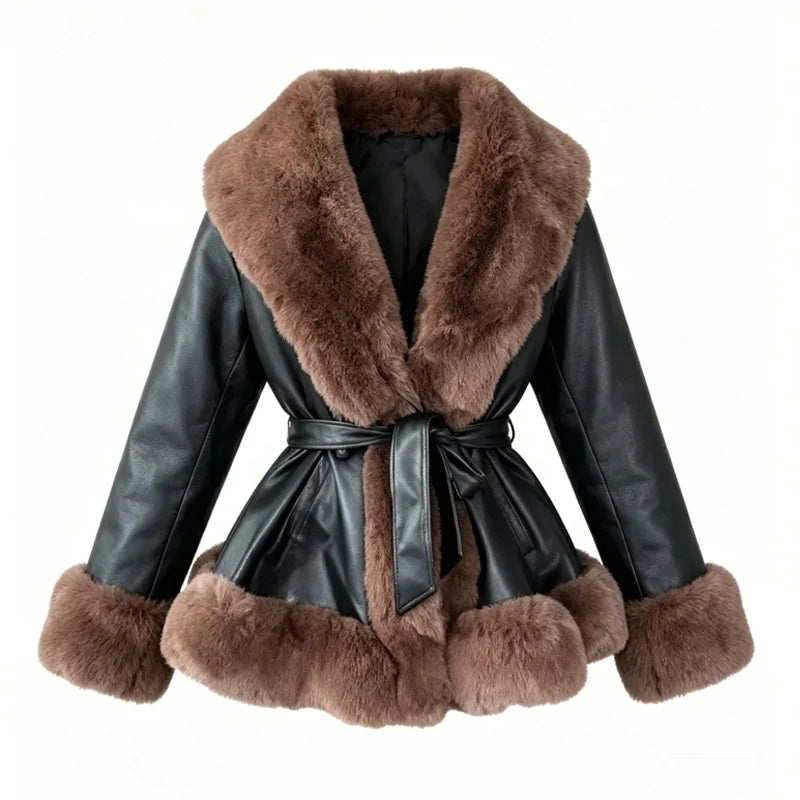 NEW Design 5 Colors UK (6-20) Large Size Women's Faux Fur Coat Collar/Cuffs Belted Waist Winter Warm Eco-Friendly Windproof Outerwear Plain Dyed Women Autumn Winter Clothing Supplies