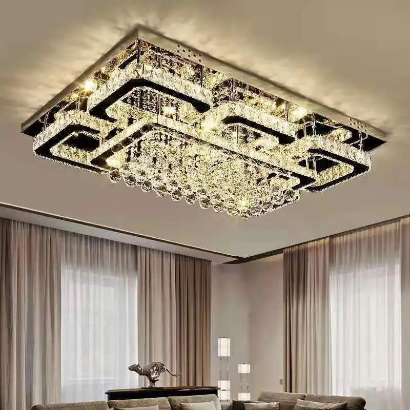 HOT SALE Villa Home Hotel Lobby Modern Luxury Living Room K9 Crystal Ceiling Light Simple Rectangular Stainless Steel Ceiling Art Decorative Pendant Lamp Home Lighting Supplies