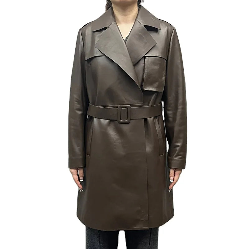 Boutique Gala HOT SALE Real Leather Coats M-3XL Black/Brown Color Women Winter Warm  Outwear Long Belt Windproof Luxury Coat Leather Formal Trench Coat Ladies Luxury Apparel Supplies