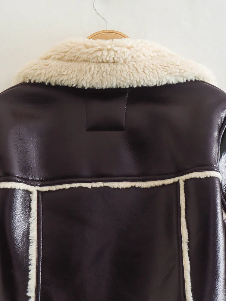 Women's New Fashion Faux Fur One Thickened Deep Warm Brown Double Sided Short PU Leather Jacket Short Coat Girls Autumn Winter Clothing Supplies