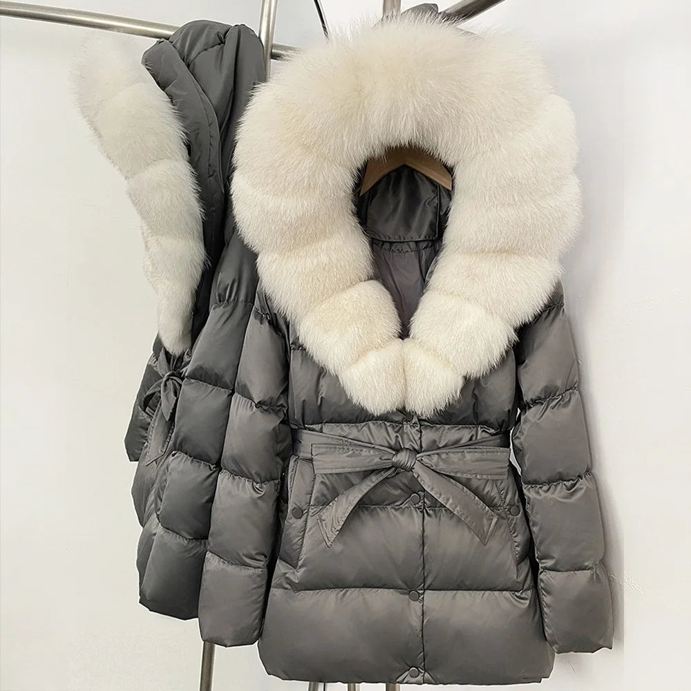 BEST PRICE 15 Colors European High End Winter Hoodie Warm Midi Length Large Real Natural Silver Red Fox Fur Thick Bubble Coats Down Coat Snow Outerwear Parkas Jackets Women Winter Apparel Supplies