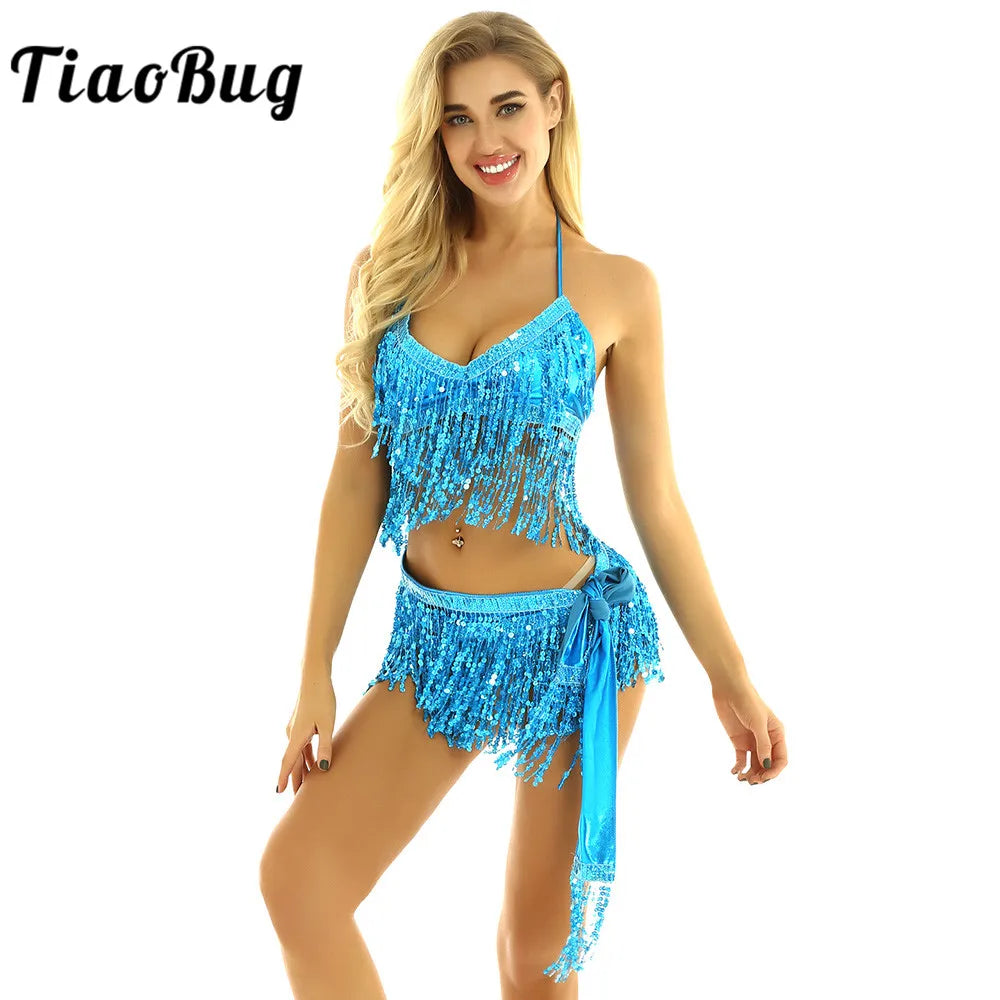 NEW Arrivals 9 Colors Women Shiny Sequins Tassels Carnival Rave Performance Belly Dance Costume Halter Bra Tops with Hip Scarf Wrap Skirt Set Ballroom Competition Dancing Dresses