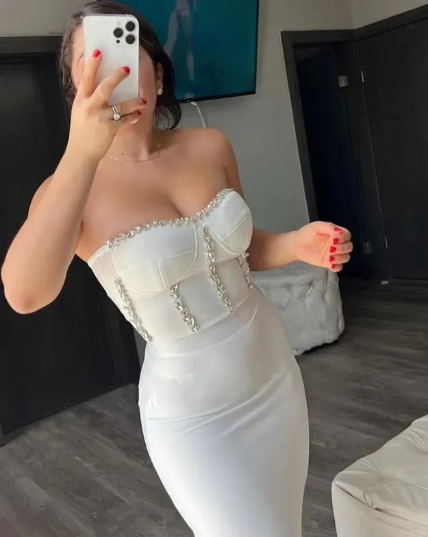 NEW White/Black/Beige/Red Color Summer Autumn Clothes Bandage Bodycon New Elegant Beading Party Evening Club Midi Dresses Sexy Strapless Women Dress