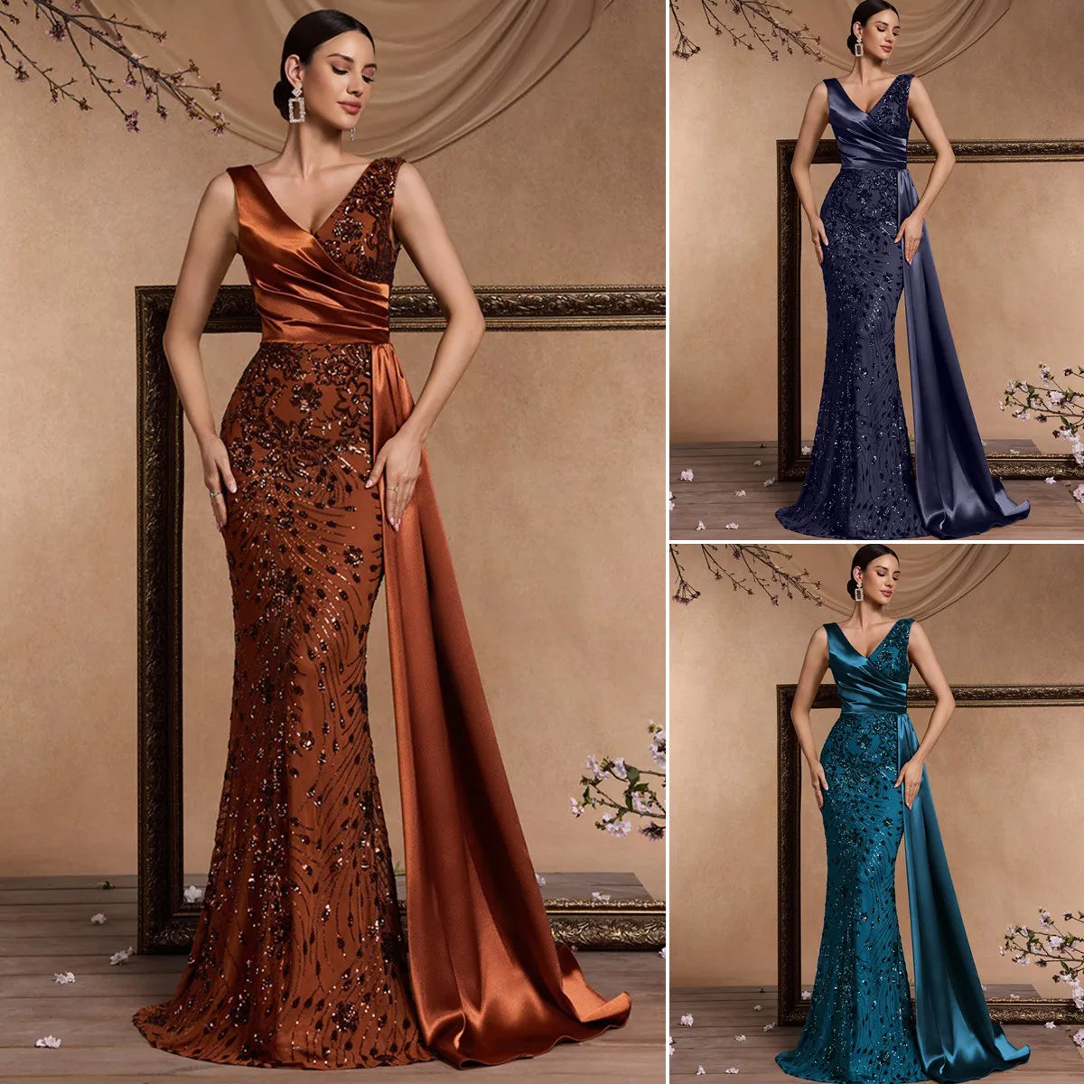 Mother of the Bride S-2XL Women's Luxury Satin Gowns for Women Evening Dresses Elegant V-Neck Sleeveless Sequin Mermaid Bridesmaid Dresses Wedding Party Dress Ladies Luxury Apparel Supplies