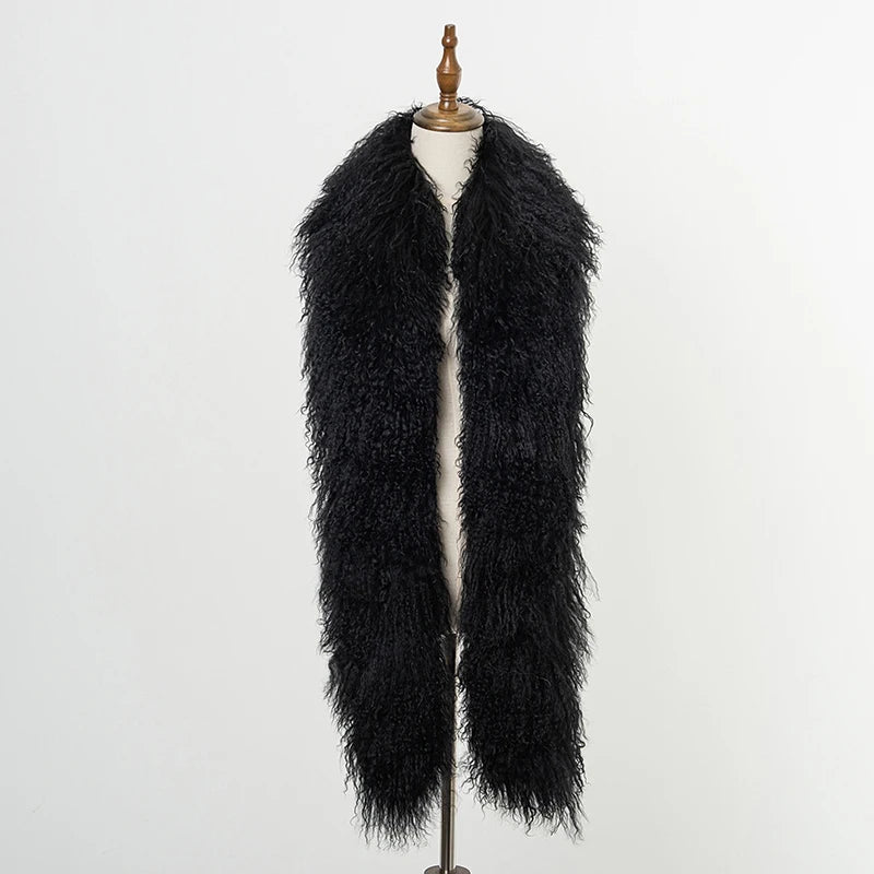 175cm Long 4 Colors Top Quality Mongolian and Tibet 100% Natural Sheep Fur 175cm Big Shaggy Scarf Double-Sided Long Thickened Winter Whole Skin Real  Fur Collar Evening Business Party Prom Ladies Luxury Apparel Accessories.