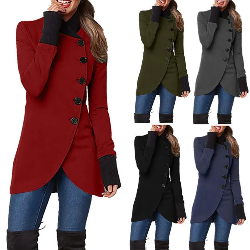 5 Colors S-4XL Plus Size Women Autumn and Winter Women's New Fashion Solid Color Single Breasted Panel Bottom Split Long Sleeve Versatile Coat Windproof Outerwear Jackets Ladies Casual Clothing Supplies