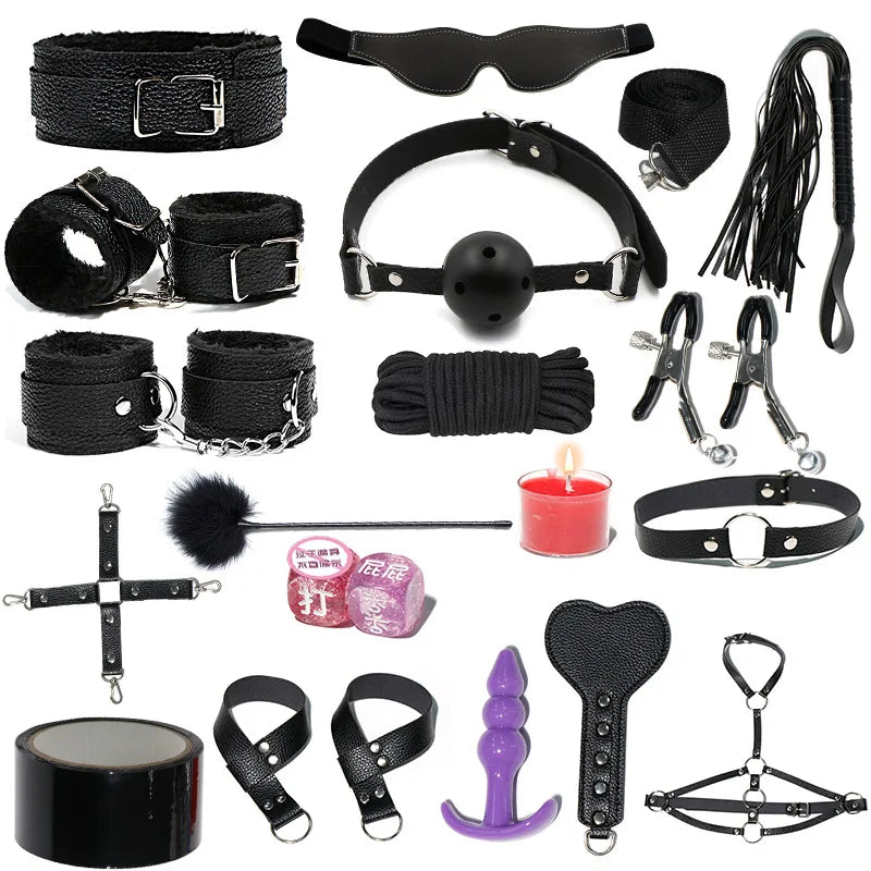 18 PCS Set 4 Colors BDSM  Fetish Sex Party Binding Handcuffs Leather Whip Anal Plug Adult Couples Intercourse Sex Toys Sex Play Tools Set