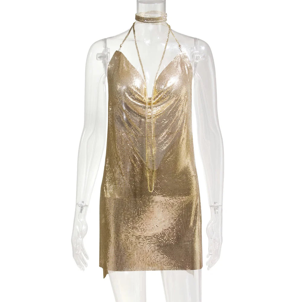 10 Colors Women's Sexy Diamond Halter Metal Party Dresses Gold Silver Summer Evening Beach Party Slit Dress Backless Sequins Night Clubwear Hot Mini Dress Women Clothing Supplies