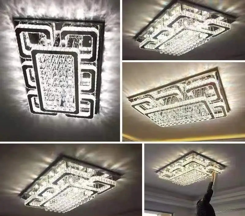 HOT SALE Villa Home Hotel Lobby Modern Luxury Living Room K9 Crystal Ceiling Light Simple Rectangular Stainless Steel Ceiling Art Decorative Pendant Lamp Home Lighting Supplies