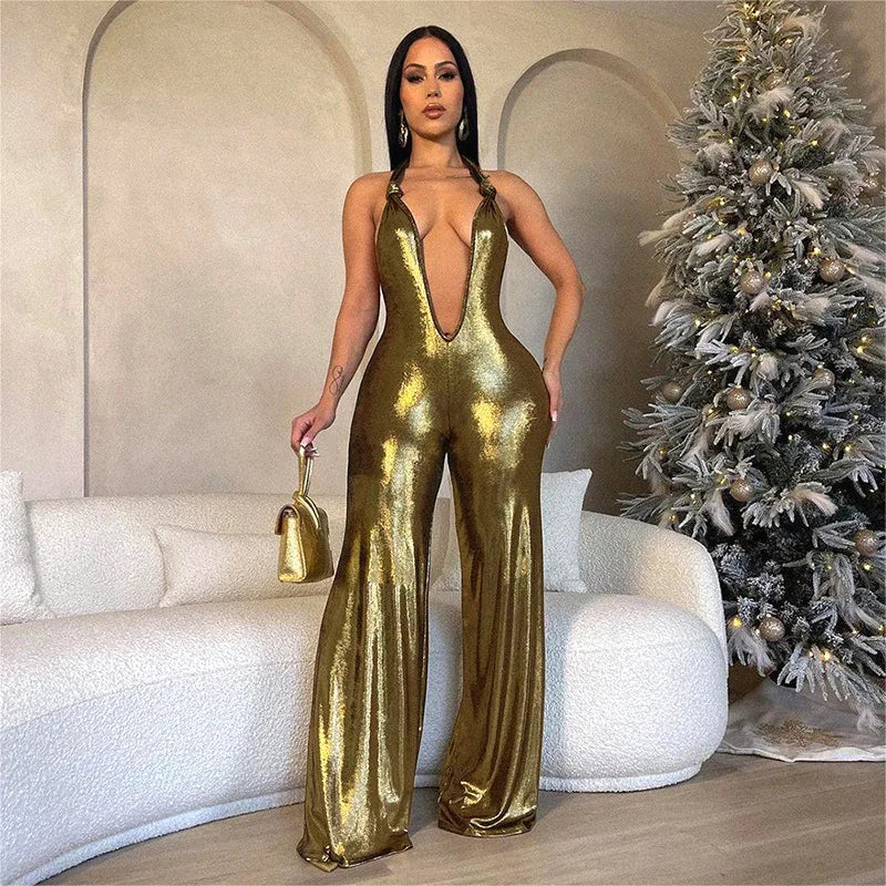 NEW Arrivals Spring Summer Women's Dew Back Hanging Neck Golden Jumpsuit Evening Party Night Clubwear Sexy Bodycon