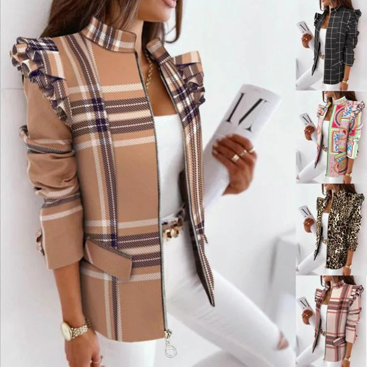 NEW Latest Fashion Design 8 Colors S-2XL Autumn Winter Spring Coats for Ladies Women  Ruffle Long Sleeve Zipper Office Lady Blazer Jackets Ladies Apparel Accessories