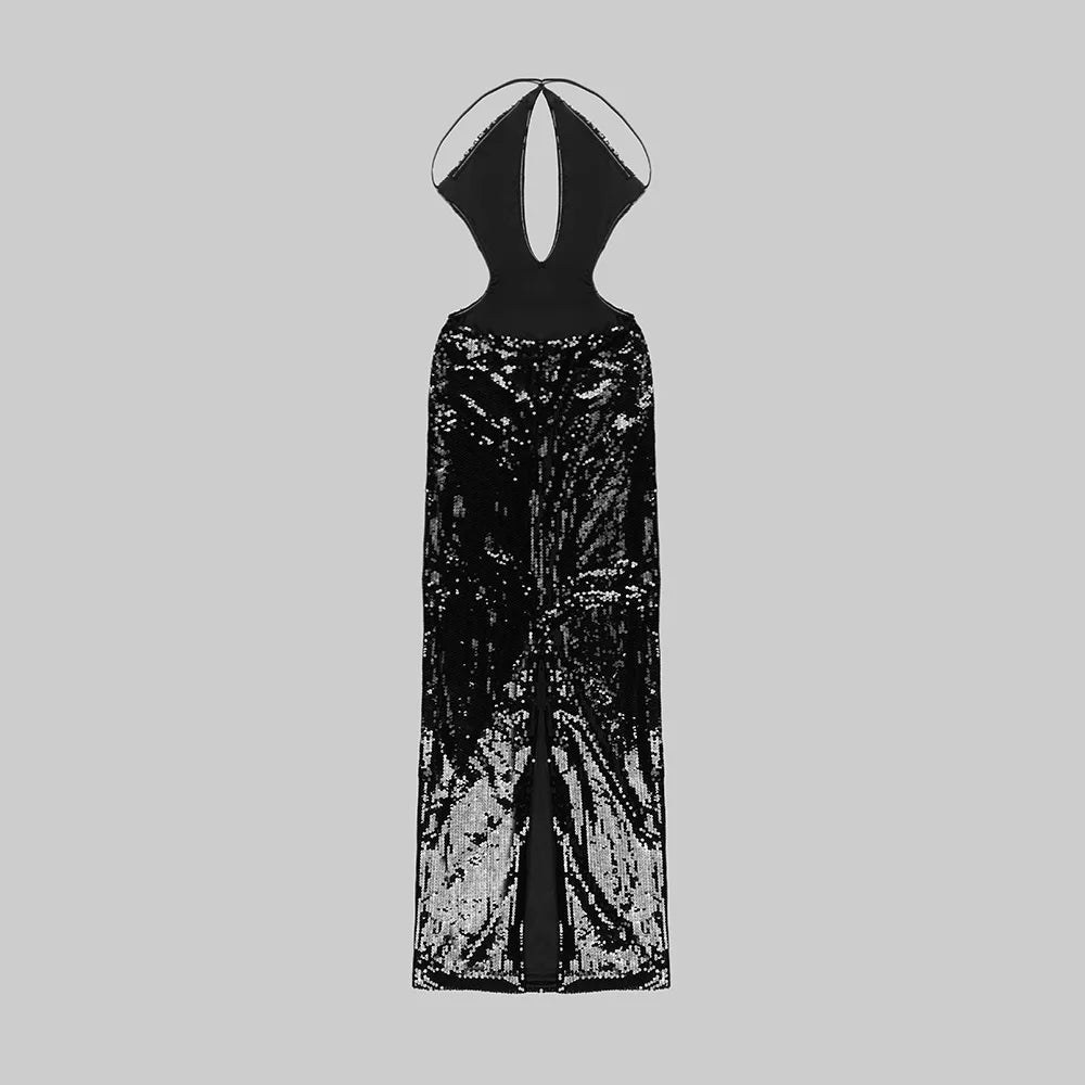 BEST PRICE  Luxury Top Quality Black/Golden Color Boutique Hot Sale Women Sexy Sleeveless Evening Party Wedding Guest Business Night Prom  Halter Sequin Backless Maxi Dresses Formal Gowns