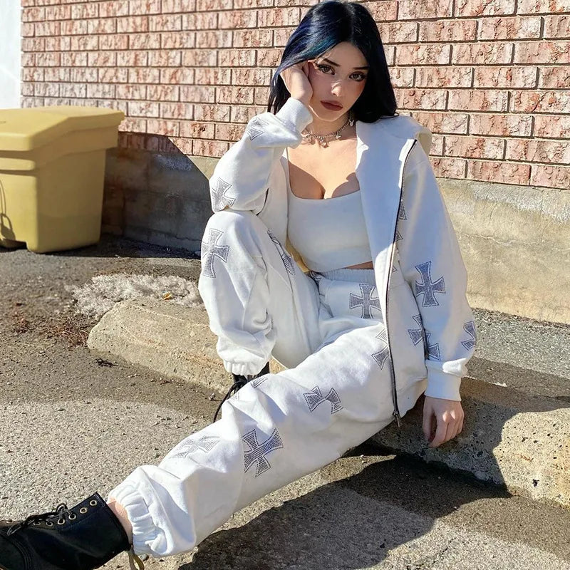 Hip Hop Rhinestone Sweatpants Suit Y2k Long Sleeve Zip Up Hoodies Punk Gothic Joggers Sweatshirts Suits Sport Jacket Streetwear