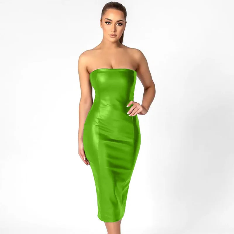 4 Colors New  Fashion Women's Elegant Strapless Zipper Sexy PU Leather Formal Midi Dresses for Ladies Evening Cocktail Party Night Clubwear Leather Gowns Women Sexy Apparel Supplies