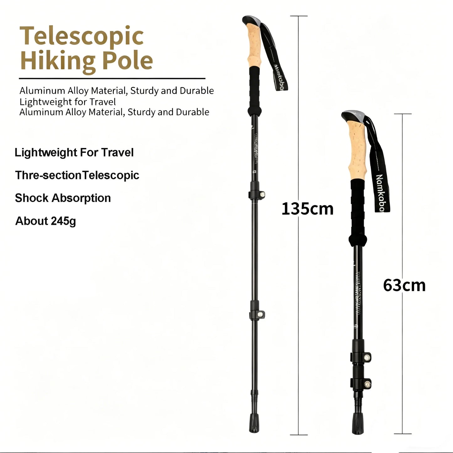 2 PCS Set Modern Durable Portable Outdoor Aluminum Alloy 3-Section Adjustable Length Telescopic Hiking Walking Stick Wood-Like Handle Climbing Walking Hiking Sports Activities Accessories