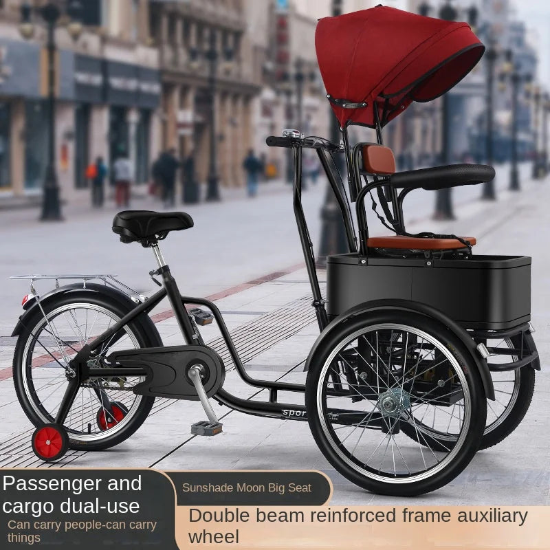 Parents-Child Tricycle Bicycle  JMC-0829 Elderly Walking Tricycle Single Speed Full Shockproof Steel Frame 20" 150kg Load Capacity On-Road