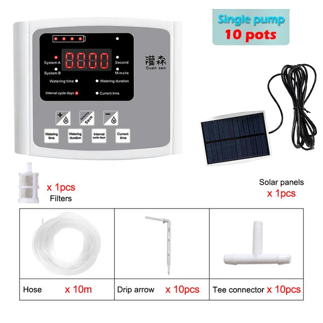 NEW Arrivals Garden Drip Irrigation Device Double Pump Controller Timer System, Solar Energy Intelligent Automatic Watering Device for Plants Trees Flowers Garden Watering Accessories