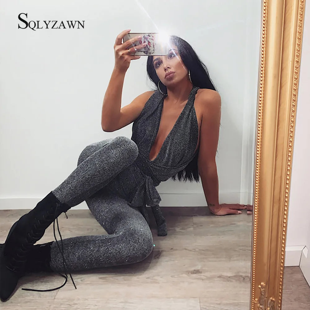 NEW 4 Colors Sexy Sparkle Jumpsuit + Mini Sexy Dress Women Off Shoulder Lace Up Bodycon Bandage Long Pants Glitter Backless Party Club Rompers Women Jumpsuits