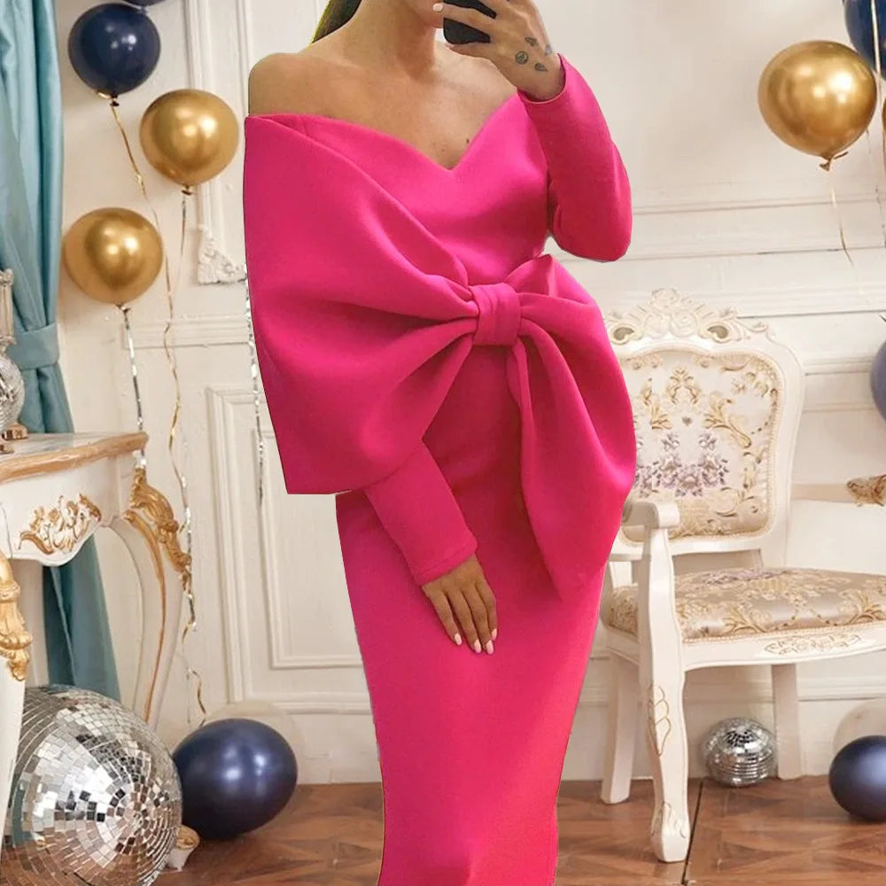 Boutique Gala Hot Selling S-3XL Plus Size Elegant Rose Big Bowtie Off Shoulder Deep V-Neck Wedding Guest Night Prom Party Dresses Women Long Gown Evening Dresses Ladies Apparel Supplies